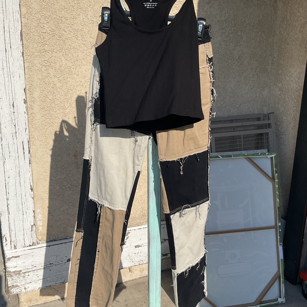 Black Tank Top and Patchwork Pants Set